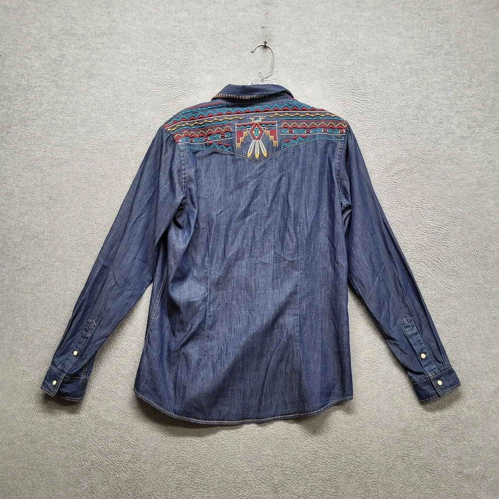 Panhandle‎ Rough Stock Women Button Up Shirt M Blue Denim Pearl Western Yoke
